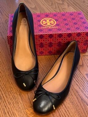 TORY BURCH BROOKE BOW BLACK LEATHER BLOCK HEEL BALLET SHOES SIZE 10